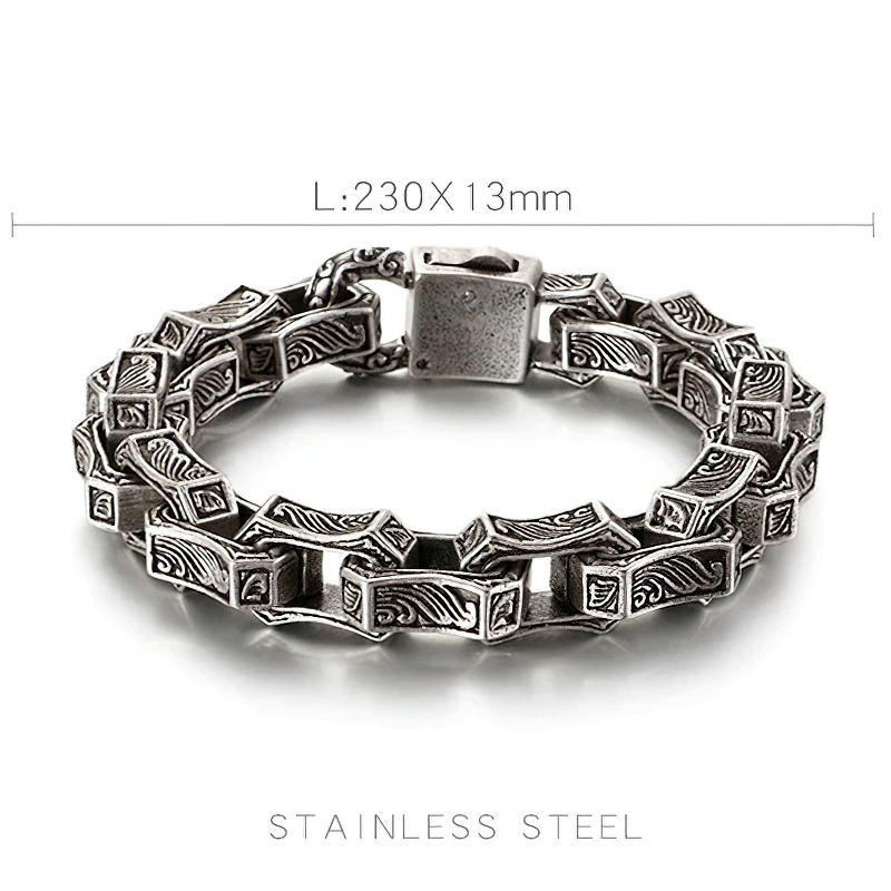 Vintage engraved men's stainless steel cuff bracelet showcasing unique punk design and dimensions.
