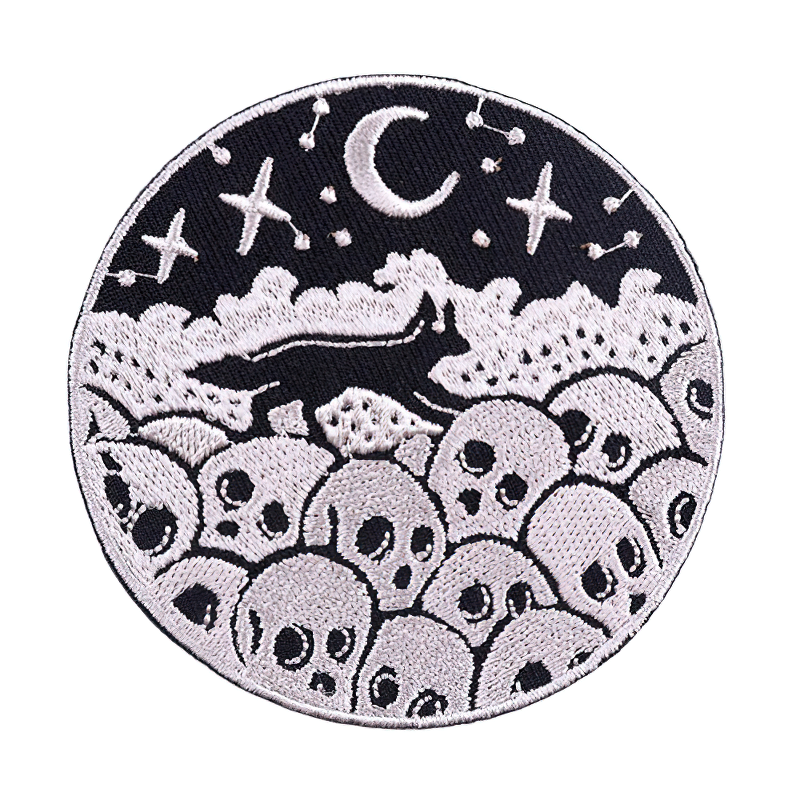 Fox on skulls embroidered patch, a stylish rock accessory perfect for clothing and fashion.