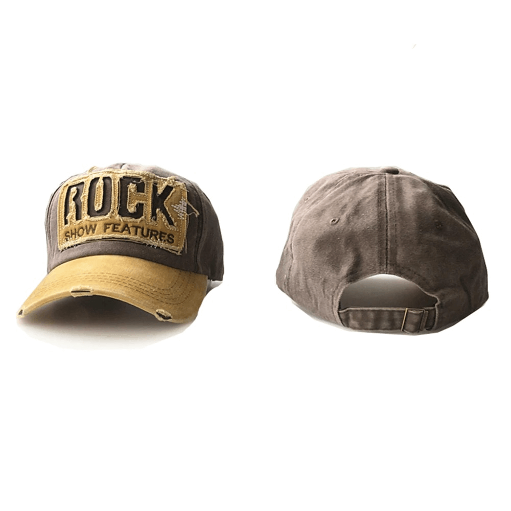Frayed unisex baseball cap with Rock letter embroidery in brown and yellow, casual cotton sun hat for trendy outfits.