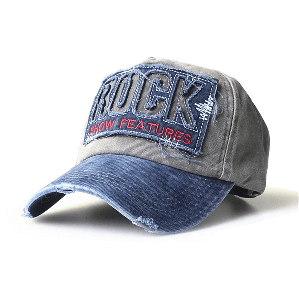 Frayed baseball cap for men and women with rock letter embroidery, stylish cotton sun hat.