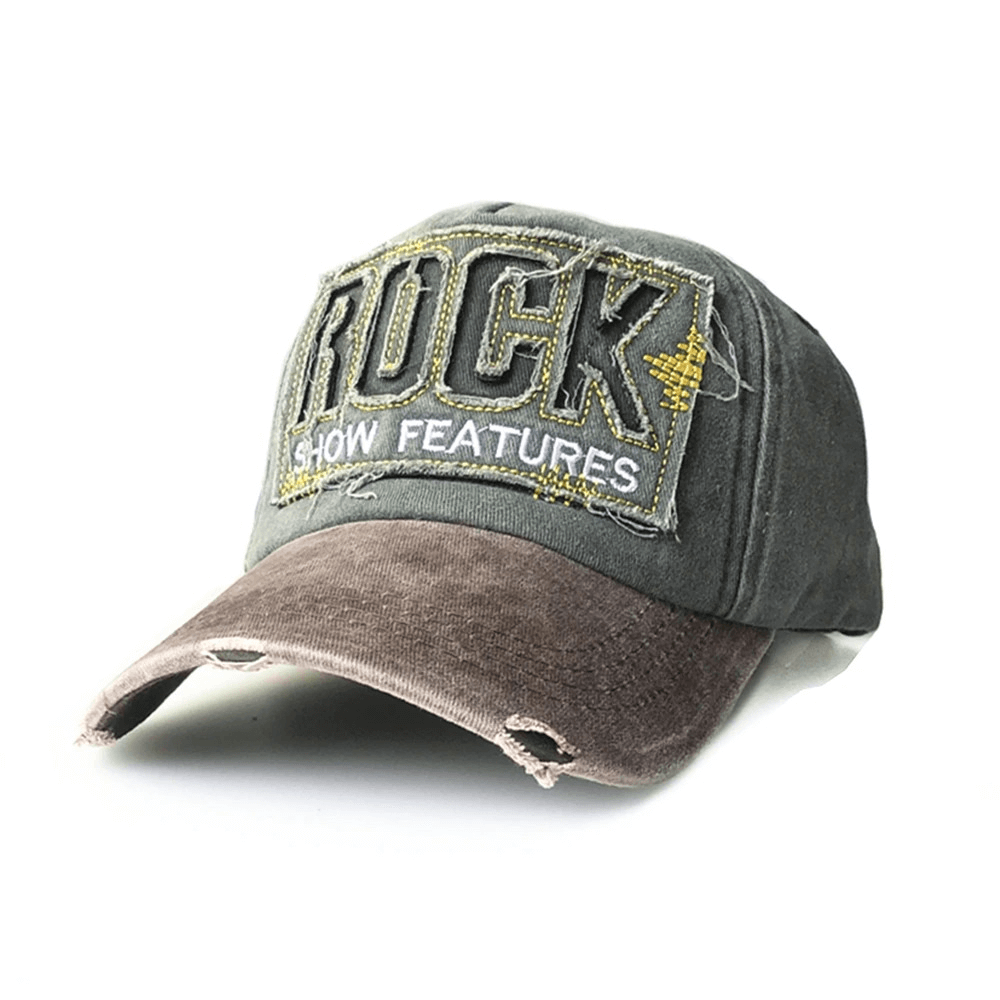 Frayed unisex baseball cap with rock letter embroidery, trendy cotton sun hat for casual outfits.
