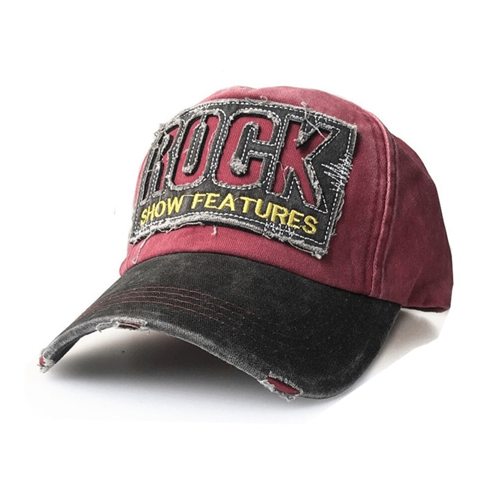 Frayed unisex baseball cap in burgundy and black with rock letter embroidery for casual style
