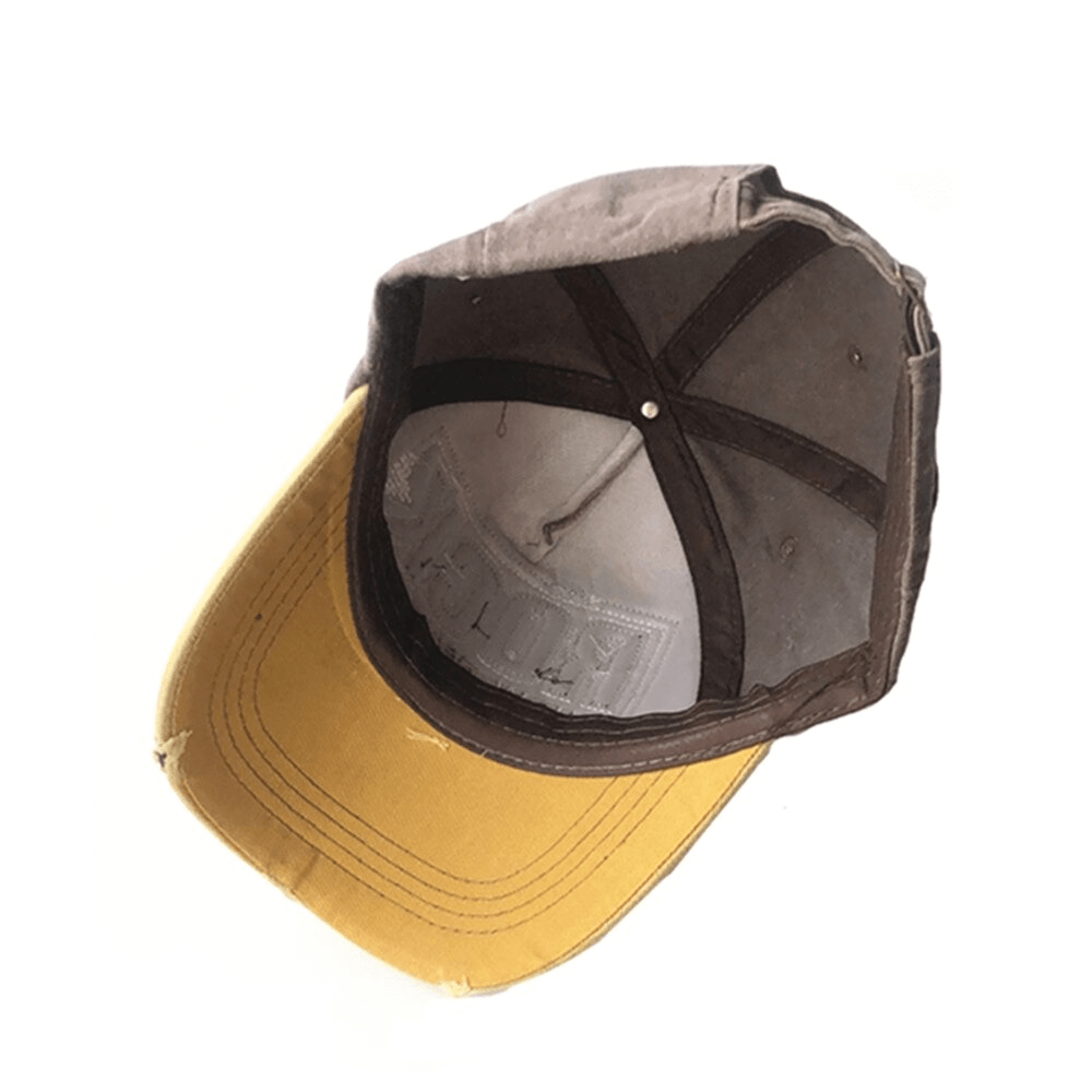 View inside unisex frayed baseball cap featuring rock letter embroidery, perfect for casual outfits.