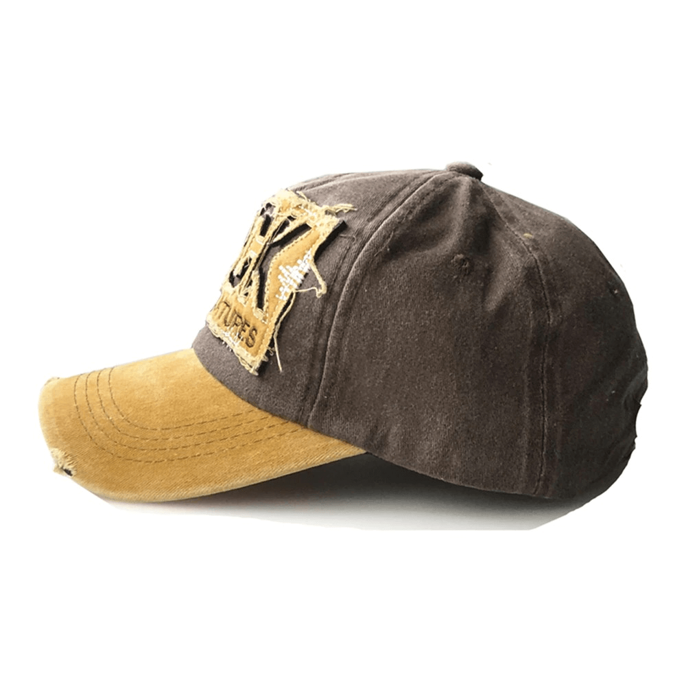 Frayed unisex baseball cap with rock letter embroidery, stylish cotton sun hat for casual outfits.