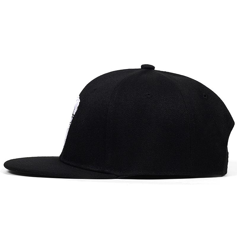 Side view of a stylish black Freedom embroidery snapback baseball cap for men and women, perfect for casual outfits.