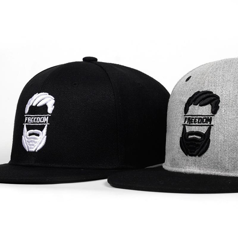 Freedom embroidery snapback baseball caps in black and grey, stylish unisex accessories for casual outfits.