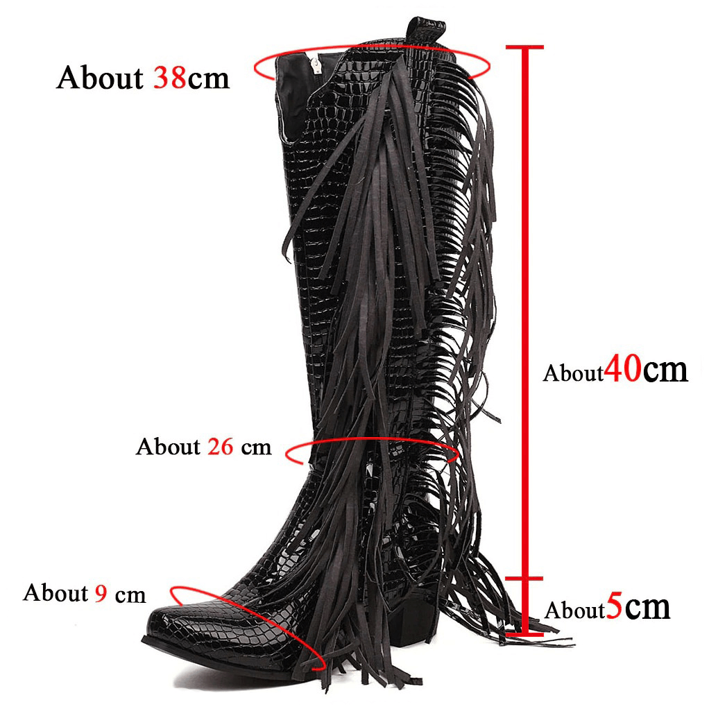 Fringed black vintage knee-high boots with measurements: 38cm height, 26cm circumference, and 5cm heel, perfect for alternative fashion.
