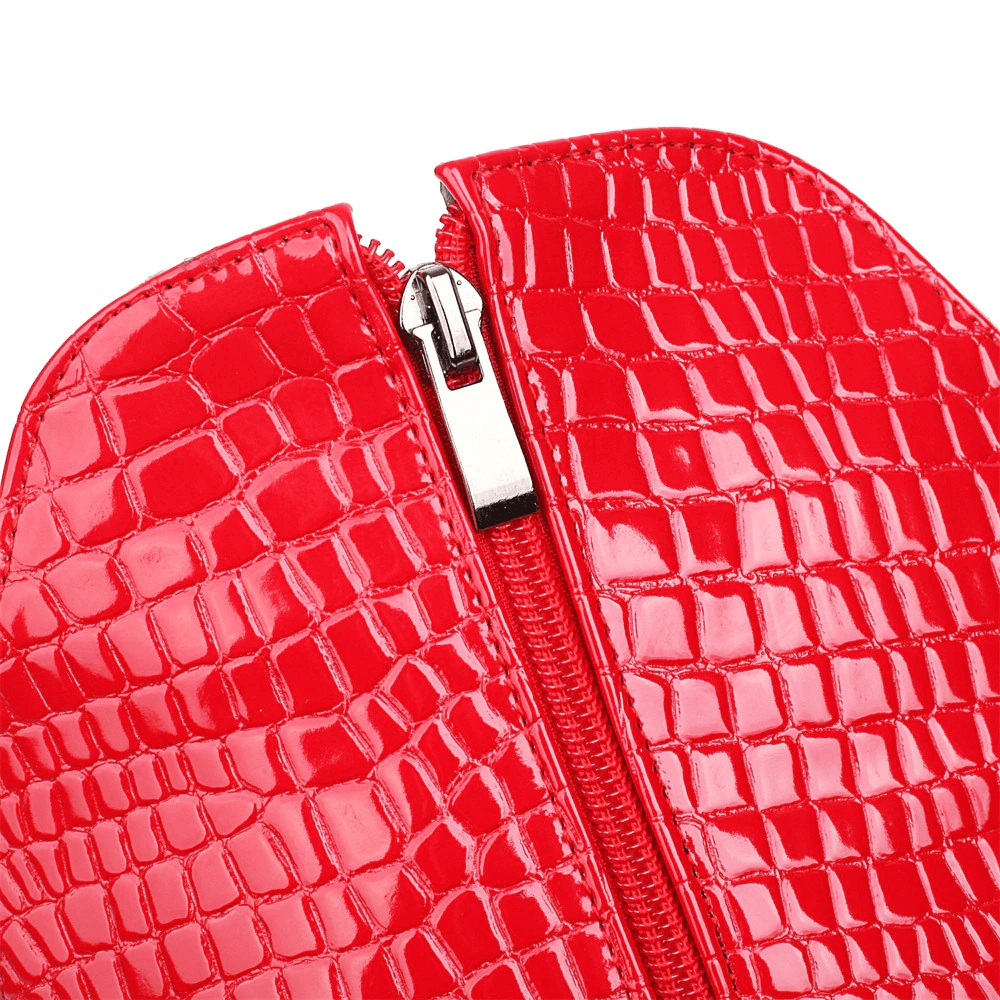 Close-up of a shiny red zipper on a textured crocodile pattern bag, showcasing its stylish design.