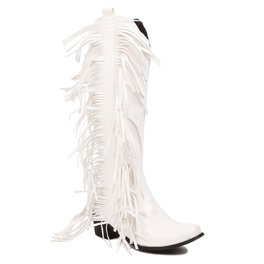 Stylish women's high knee white boots with fringes and tassels, perfect for alternative fashion looks.