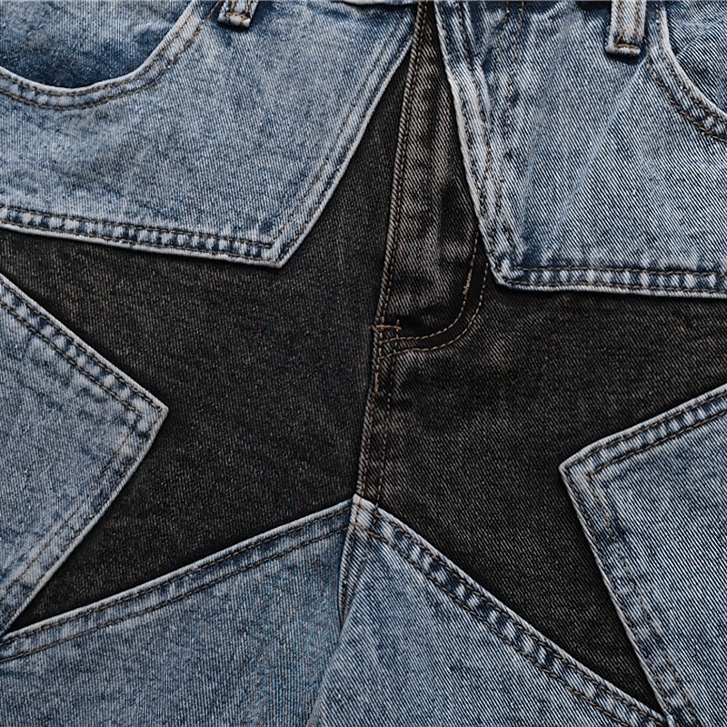 Close-up of patchwork denim design on Front Star Pathwork Denim Shorts for men.