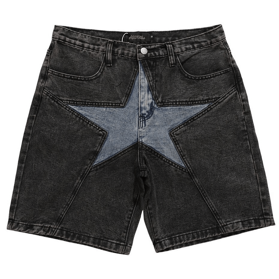 Men's front star patchwork denim shorts in alternative style, featuring a loose cut for trendy summer outfits.