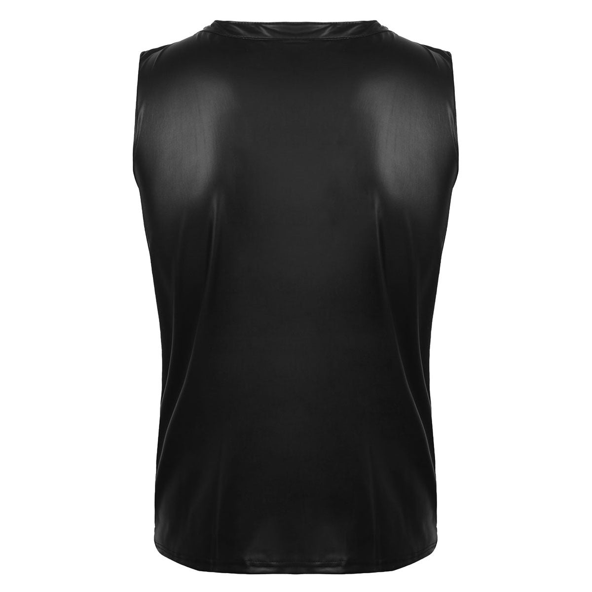 Back view of black faux leather tank top for men, perfect for stage performance and trendy clubwear.
