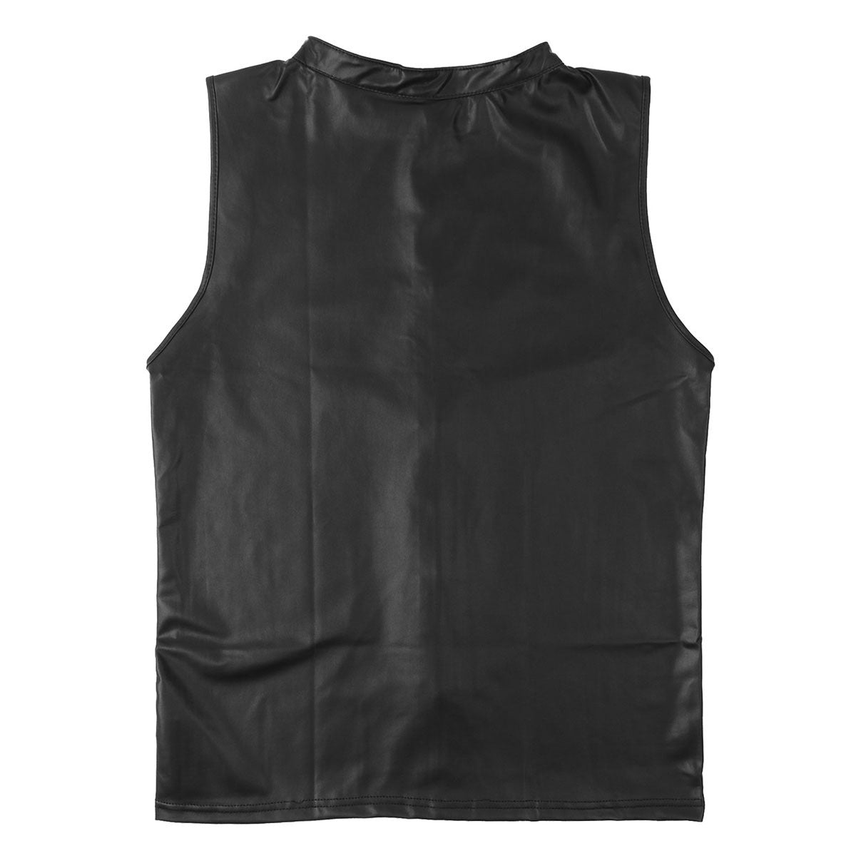 Back view of a black faux leather sleeveless men's tank top, perfect for stage performances and trendy outings.