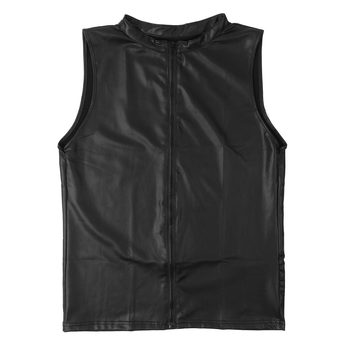 Front zippered black faux leather tank top for men, trendy clubwear for performances and casual outings.