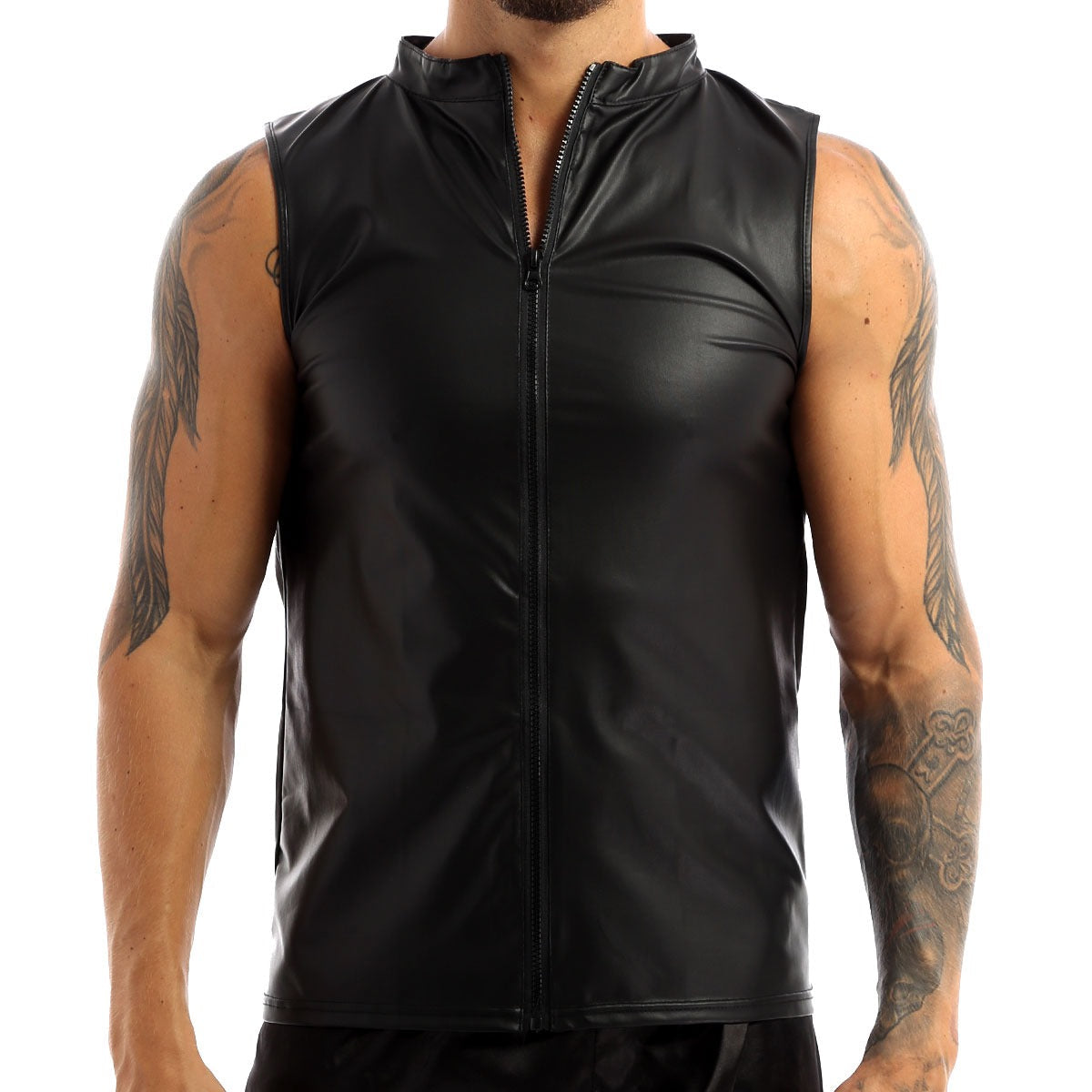 Men's black faux leather zippered tank top, perfect for stage performances and stylish parties.