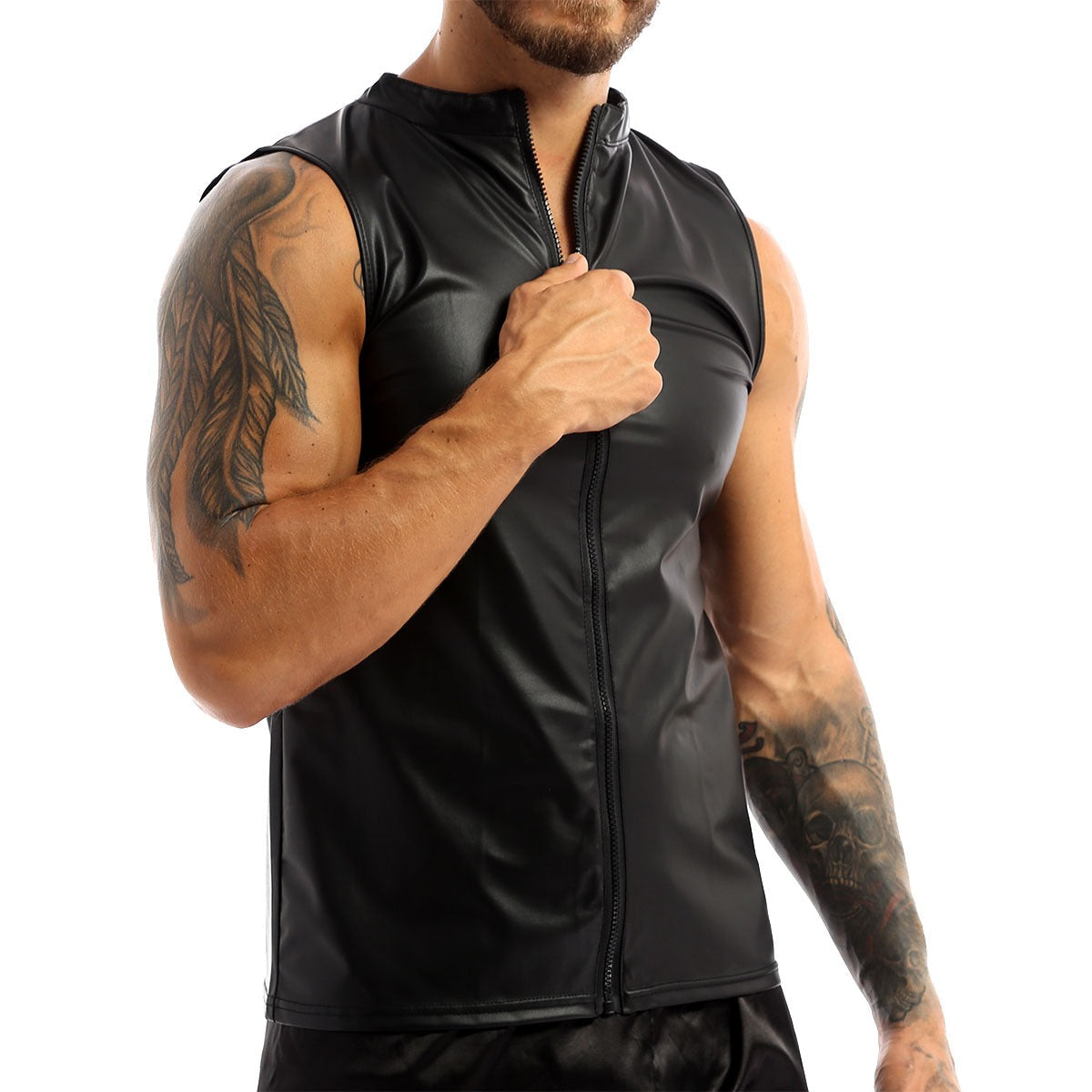 Stylish black faux leather tank top for men with front zipper, perfect for stage performances and clubwear.