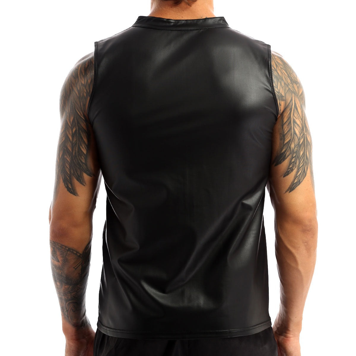 Back view of men's black faux leather tank top, showcasing sleek design and tattooed arms, perfect for stylish performances.