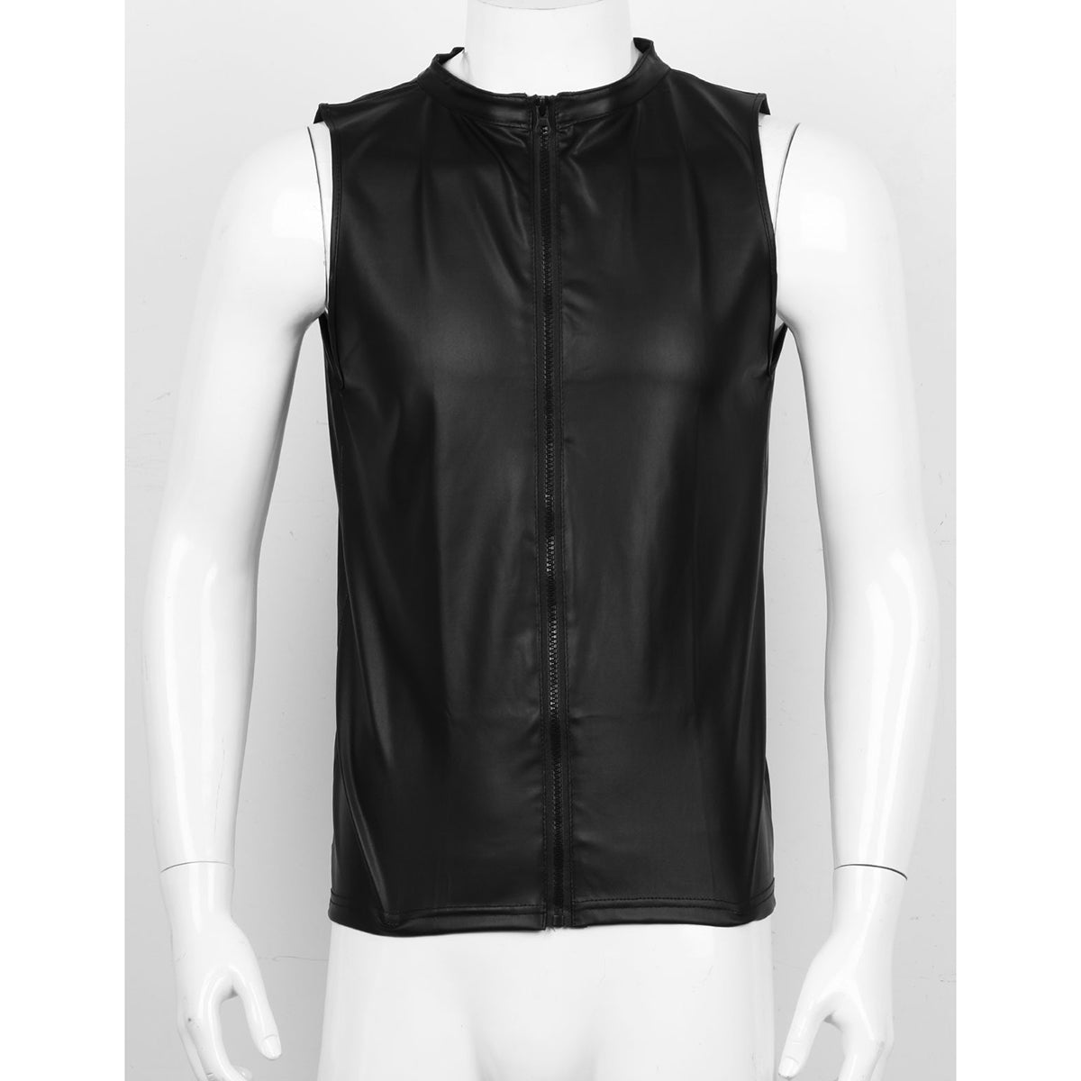 Front zippered black faux leather tank top for men, perfect for performances and stylish casual wear.