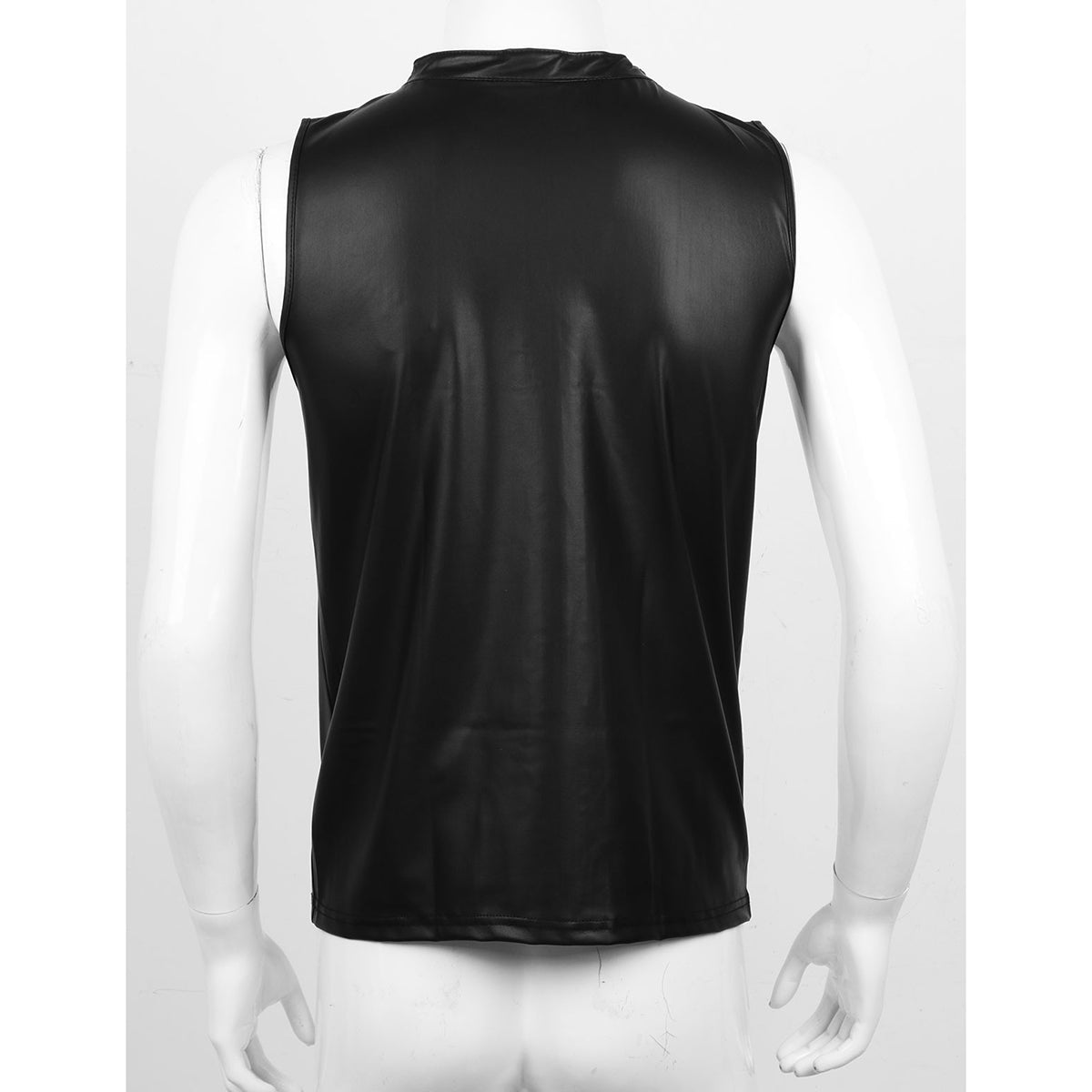 Back view of a black faux leather tank top for men, showcasing its sleek design and trendy look.