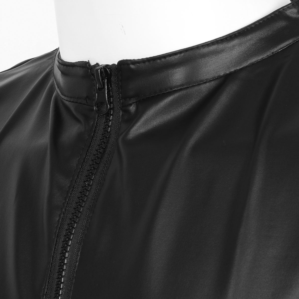 Close-up of front zipper on black faux leather tank top for men, perfect for stylish performances and parties.
