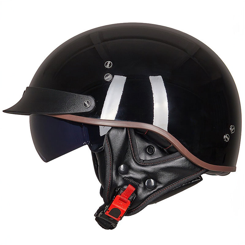 Stylish full black vintage half face biker helmet with shiny finish and visor, perfect for men and women.