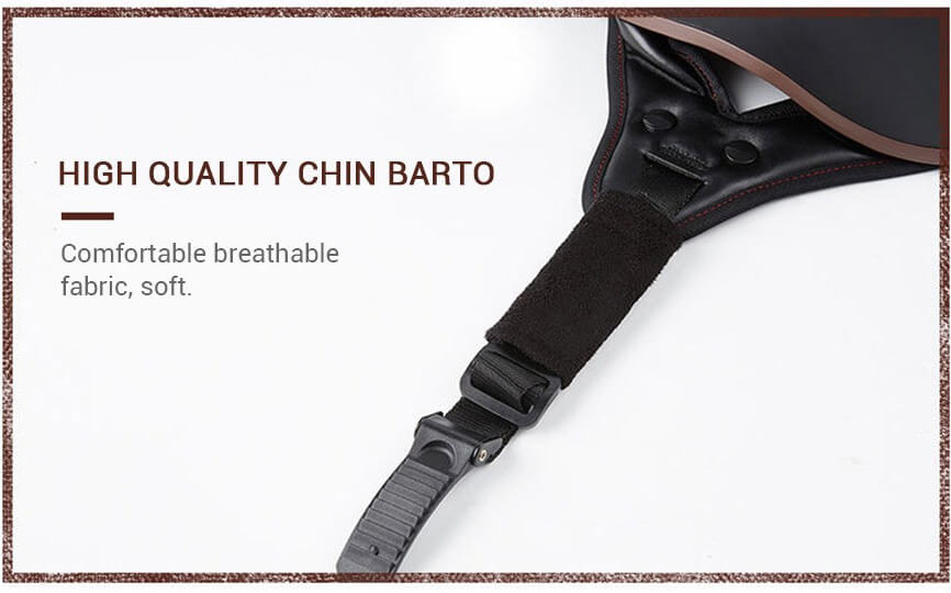 Close-up of a high quality chin strap for a biker helmet, showcasing breathable fabric and adjustable buckle.