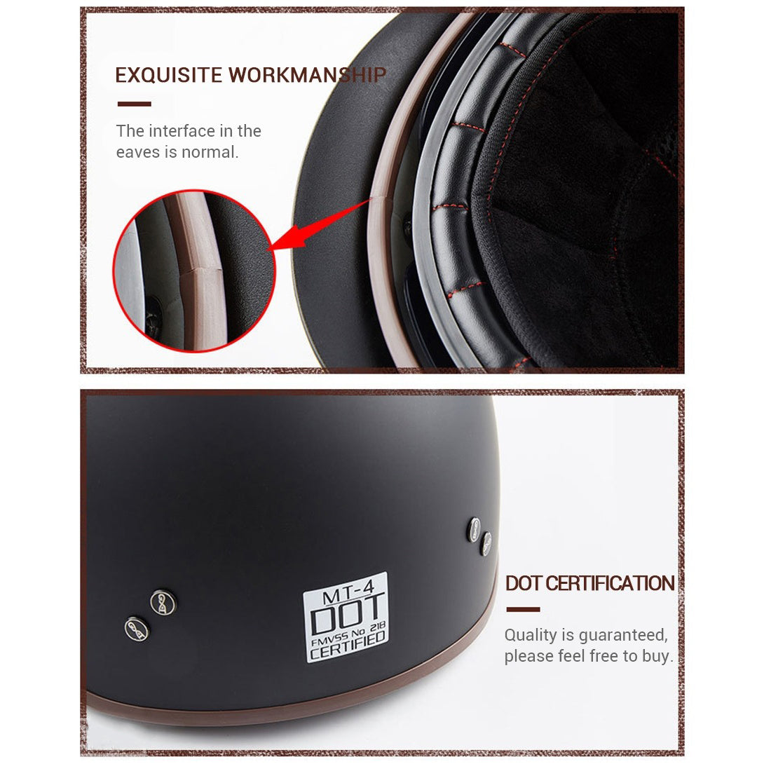 Close-up of Full Dark Vintage Biker Helmet showcasing exquisite workmanship and DOT certification for quality assurance.