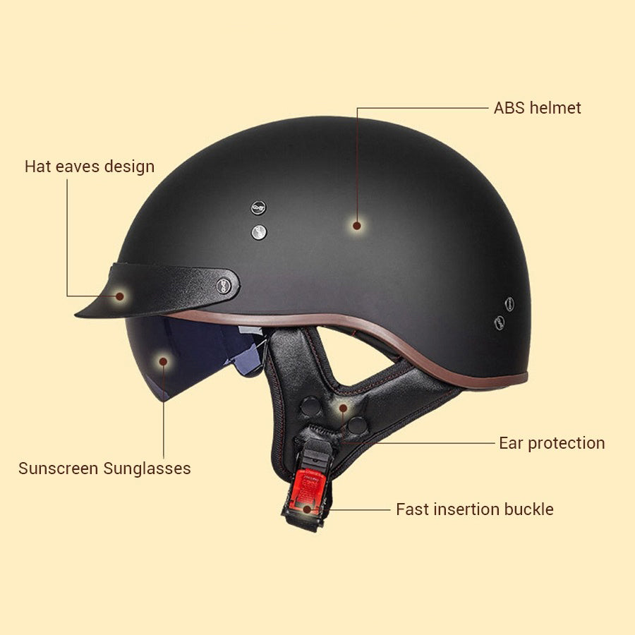 Black vintage biker helmet with features: ABS material, sunglasses, ear protection, and fast insertion buckle.