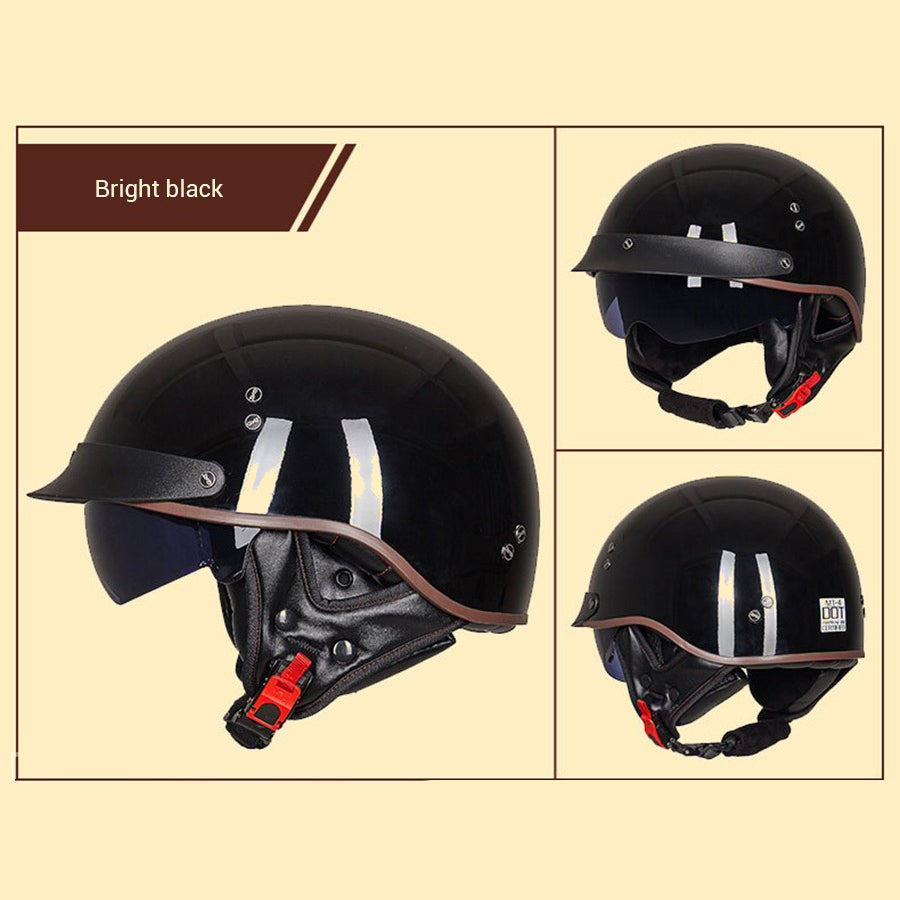Bright black vintage half face biker helmet with synthetic leather and durable plastic for head protection.