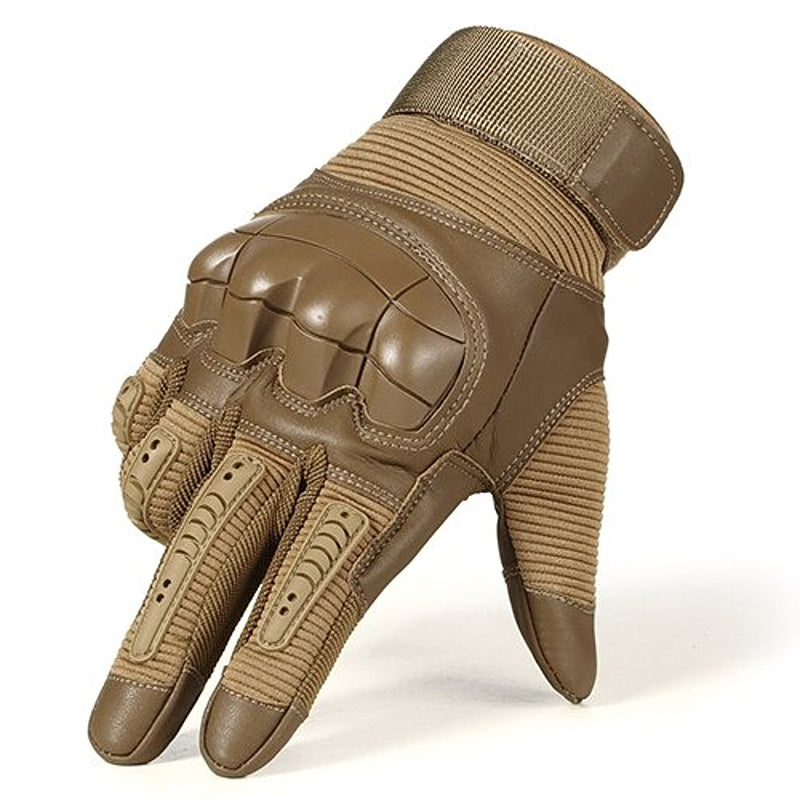 Tactical military-style glove in tan, designed for airsoft and touch screen use, perfect for winter wear.