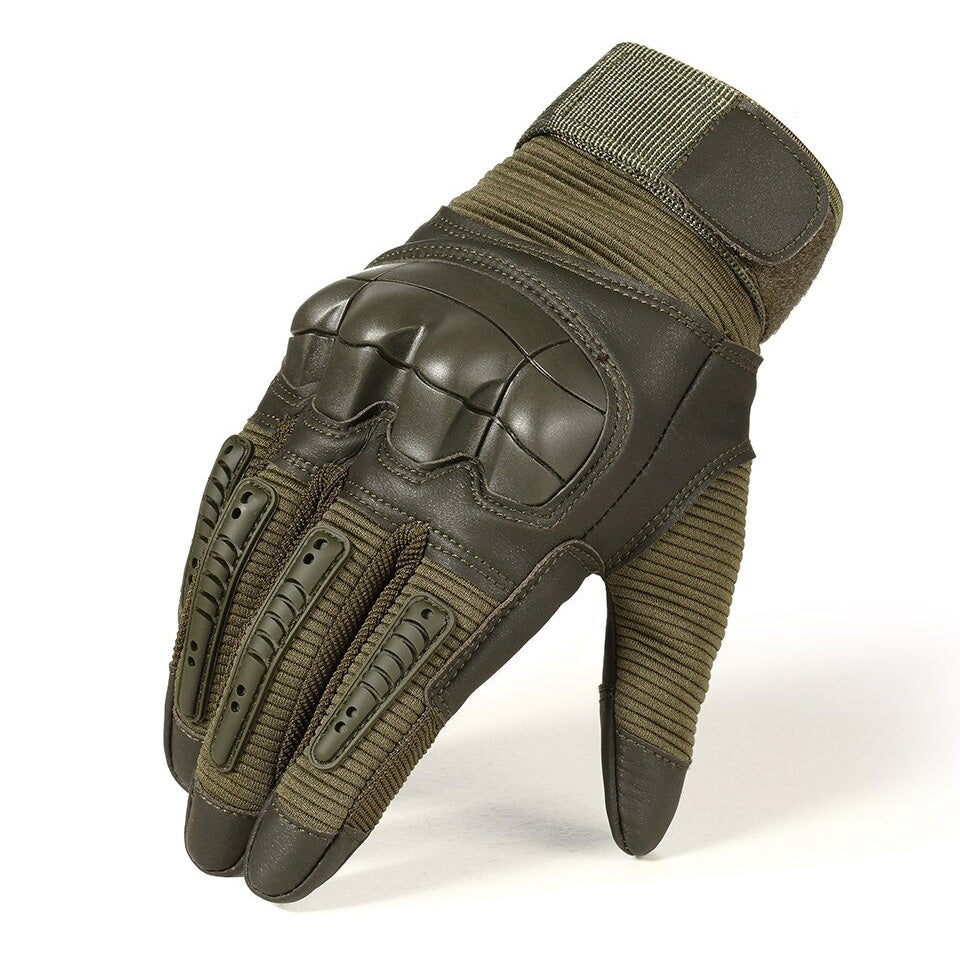 Military style full finger tactical gloves in olive green, perfect for airsoft and touchscreen use.