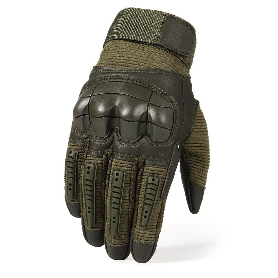 Military style full finger tactical gloves for airsoft, featuring touch screen compatibility and durable design in green.