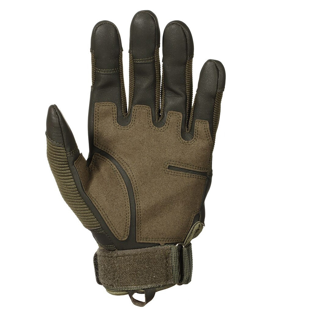 Full finger military-style tactical glove in army green for airsoft and outdoor activities.