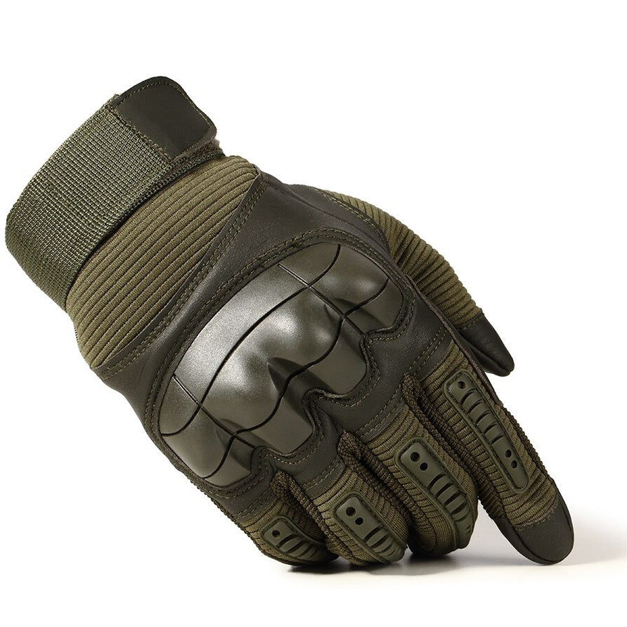 Military style tactical gloves in green featuring touchscreen compatibility and padded protection for combat use.
