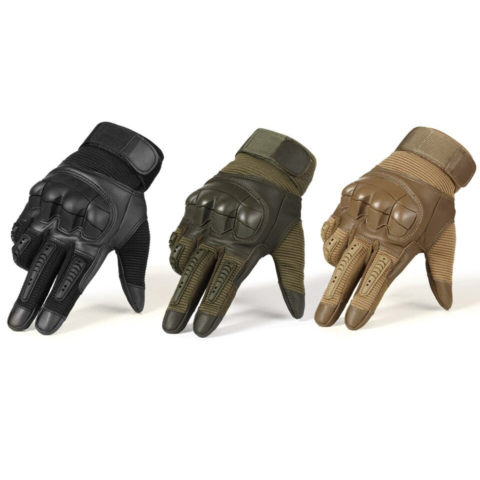 Full finger tactical gloves in black, green, and brown for military style and touch screen use.