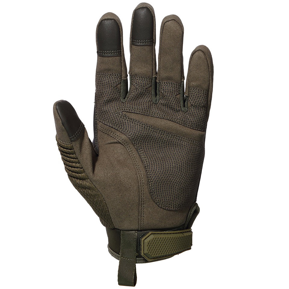 Full finger tactical touch screen glove in olive green, designed for military, airsoft, and climbing activities.