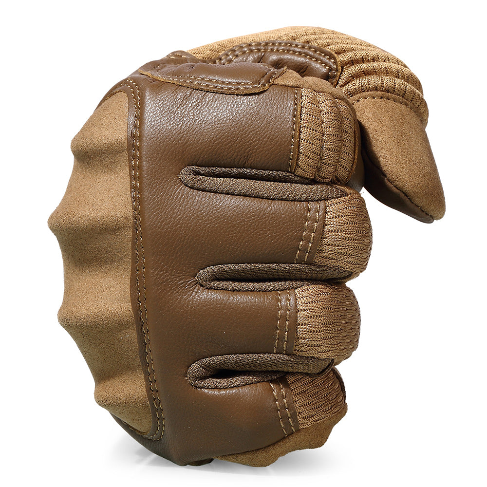 Brown tactical touch screen gloves with hard knuckles for military and airsoft use, featuring rigid joints and a secure fit.