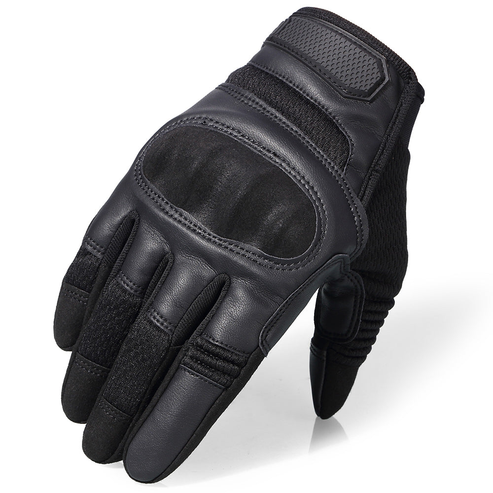 Black tactical touch screen gloves with hard knuckles, ideal for airsoft and combat use.