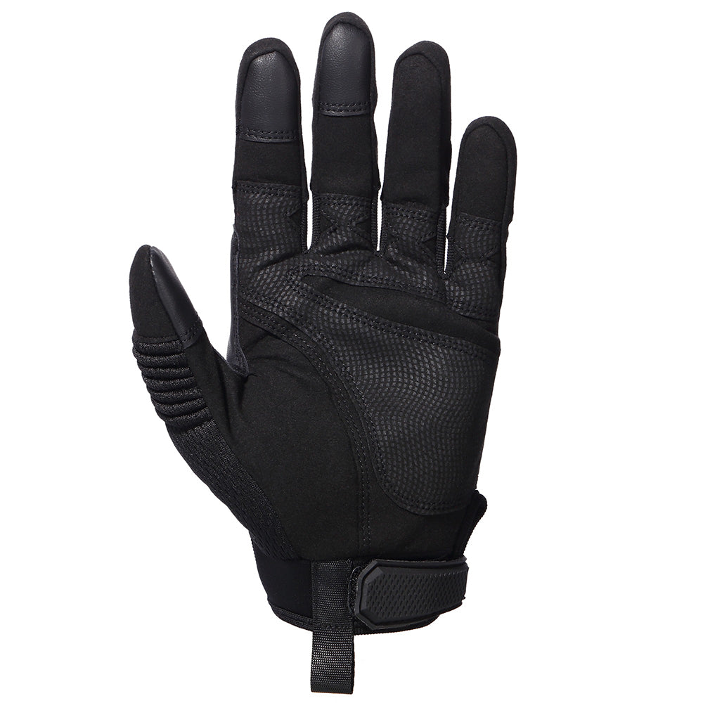 Full finger tactical touch screen gloves in black, designed for airsoft and military use, featuring rigid knuckles and Velcro.