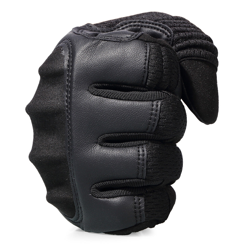 Tactical black hard knuckle gloves for airsoft, climbing, and combat activities, featuring touch screen capability.