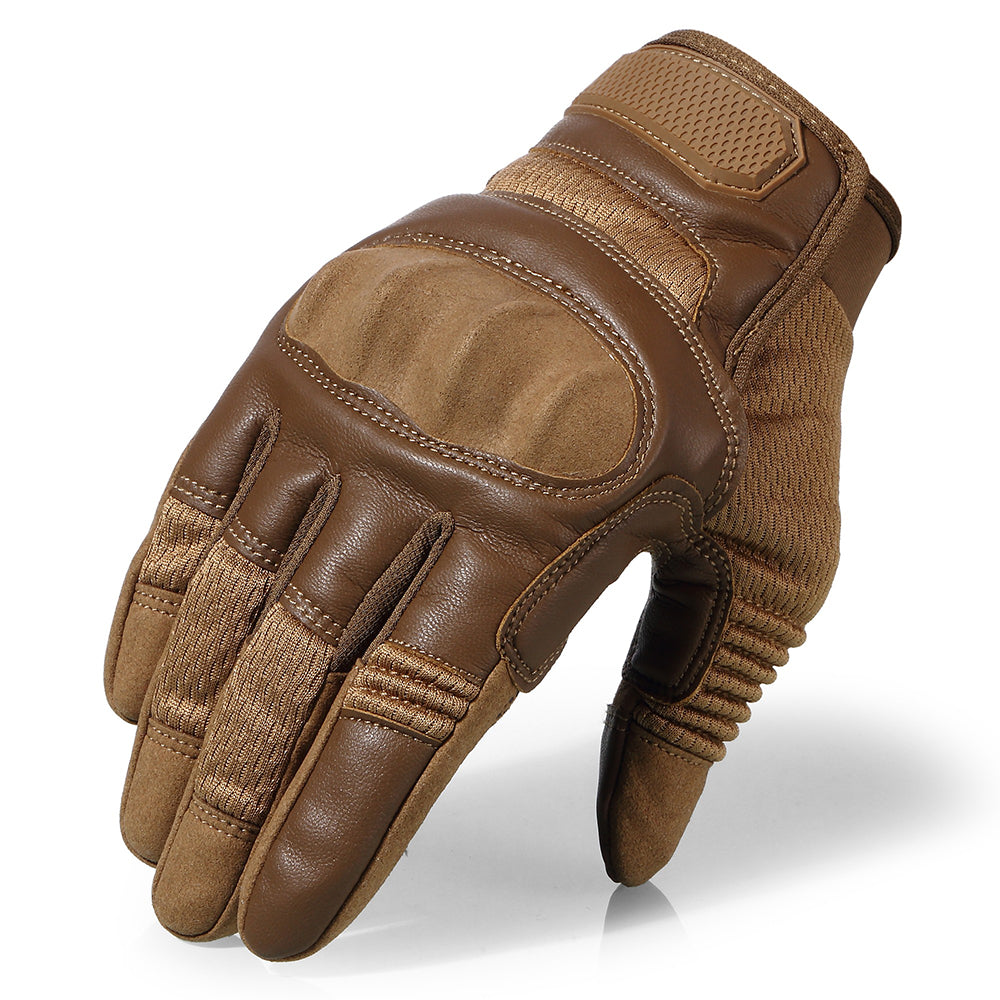 Military tactical gloves in brown, ideal for airsoft, combat, and climbing, featuring rigid knuckles and touch screen compatibility.