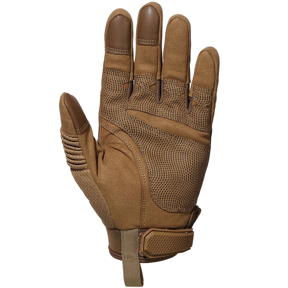 Brown tactical gloves with touch screen capability and rigid knuckles, ideal for airsoft and military use.