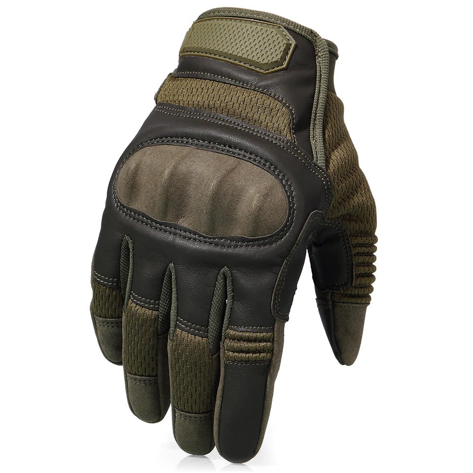 Full finger tactical touch screen gloves in green, designed for military, airsoft, and climbing activities.
