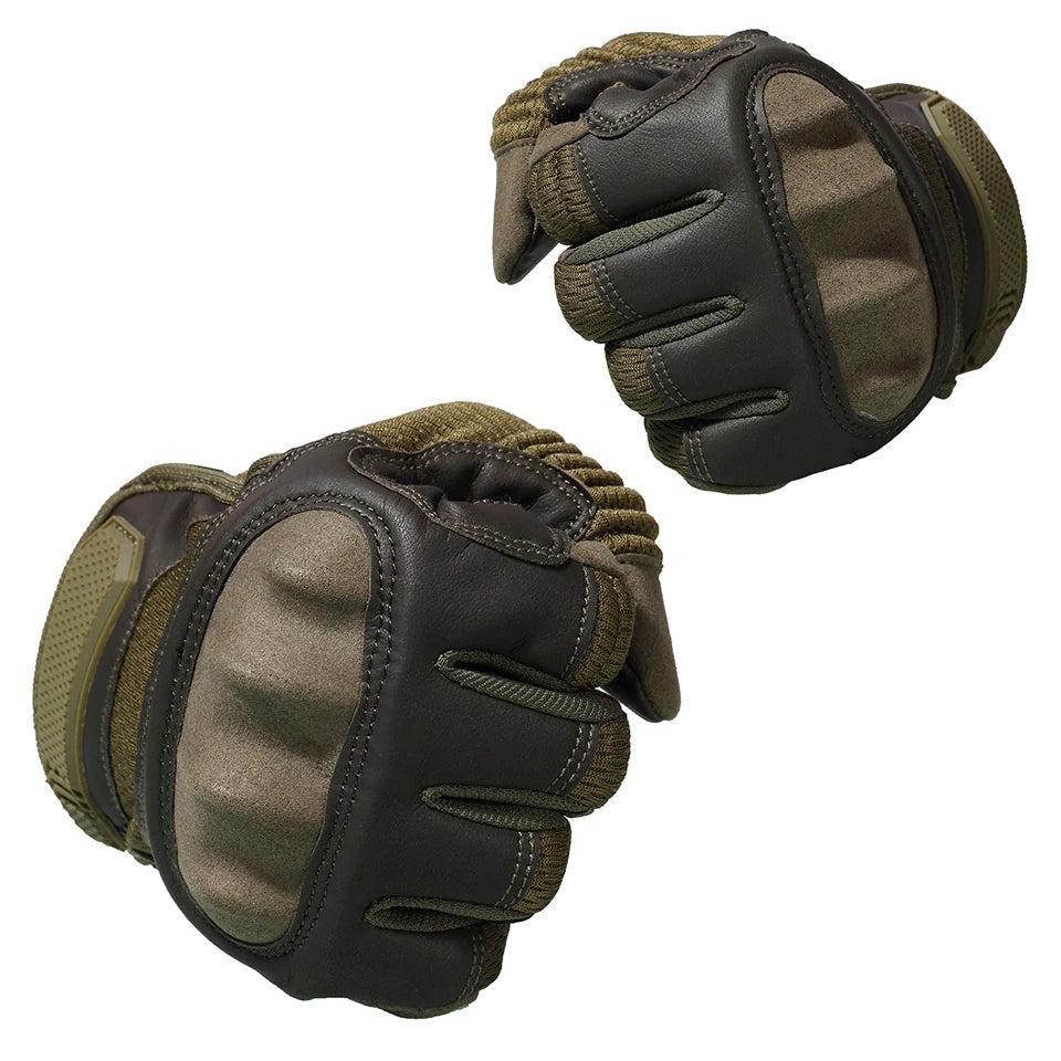 Military tactical gloves with hard knuckles and touch screen capability in green color.