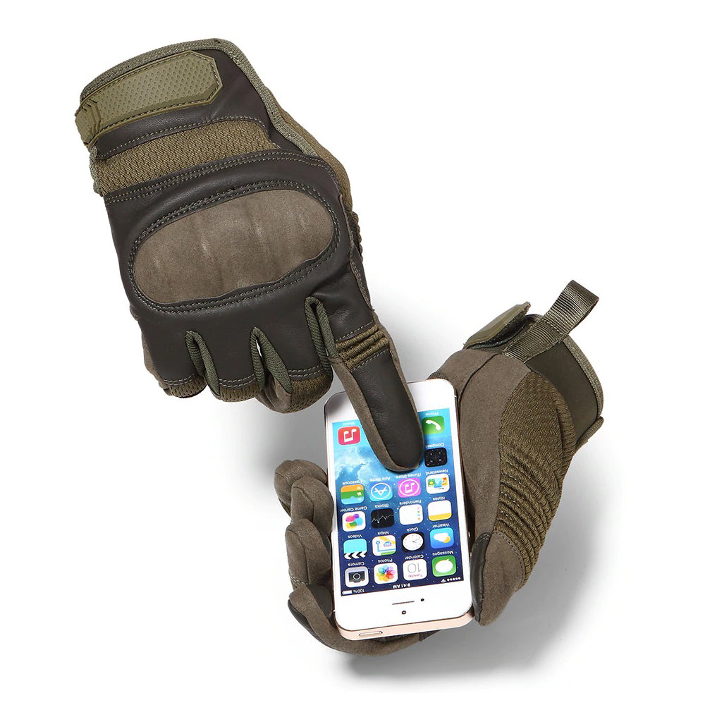 Hand in tactical gloves using a smartphone, showcasing touch screen functionality for airsoft and military use.