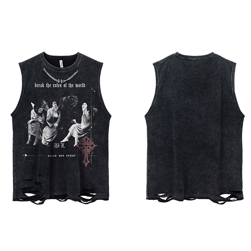 Funny Angels Printed Gothic Tank Tops for Men / Chain Sleeveless Ripped Tshirts