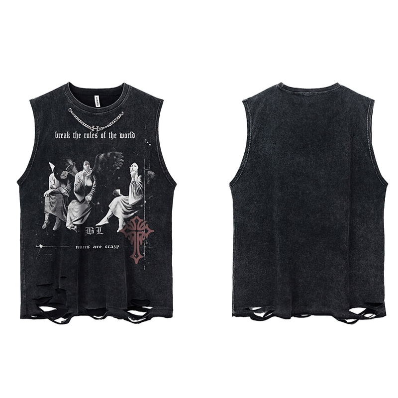 Gothic style sleeveless tank top for men featuring a trendy print and ripped detailing, perfect for a bold fashion statement.