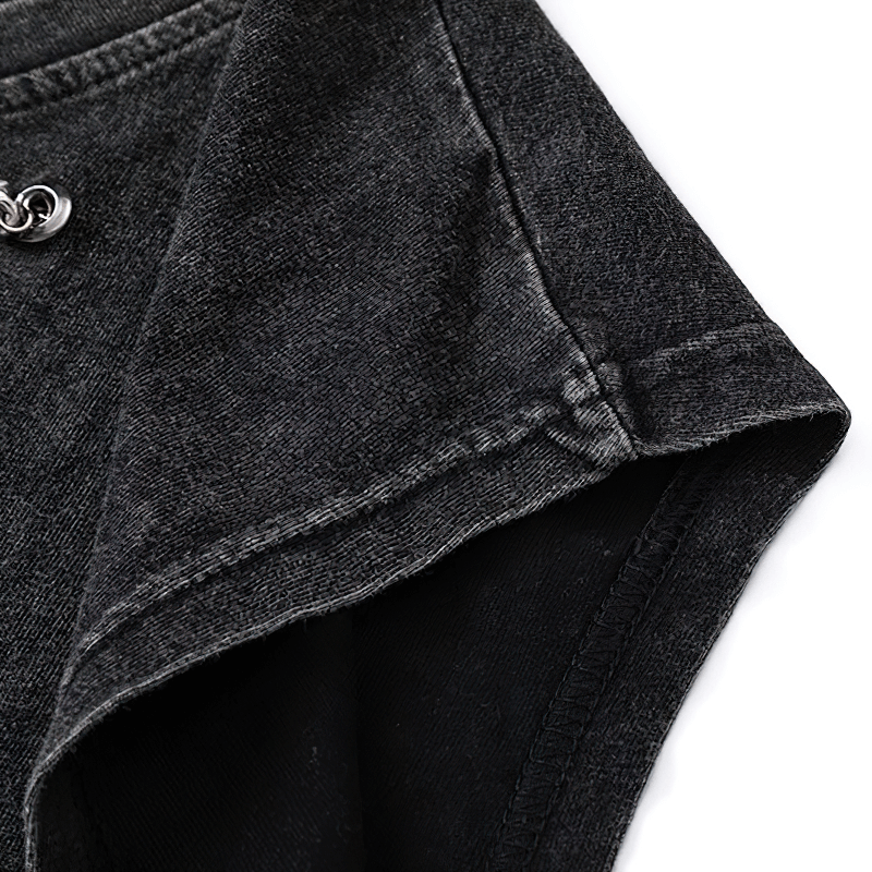 Close-up of the sleeveless shoulder detail of a men's gothic printed tank top in black.