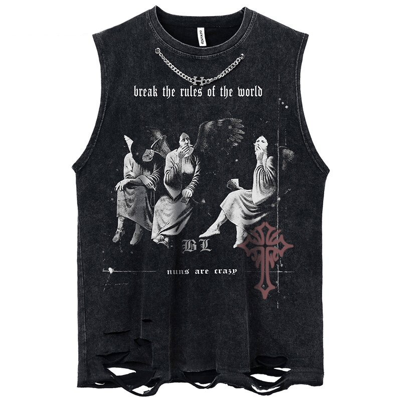 Funny Angels Printed Gothic Tank Top for Men, sleeveless with edgy design, featuring stylish graphics and ripped details.
