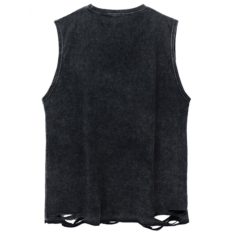 Back view of a ripped black sleeveless tank top for men, trendy gothic style with stylish design elements.